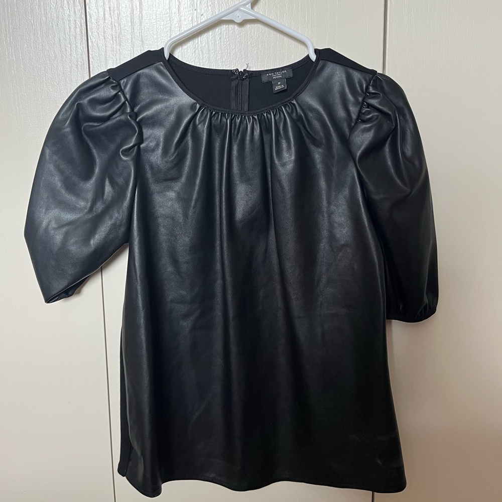 Ann Taylor Petite Size Small. Black. Leather front, puff sleeve
